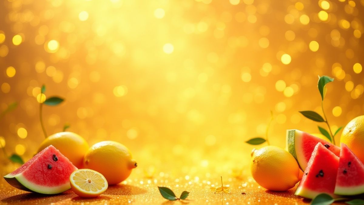 Fundo dorado com frutas como sandías e limões.
