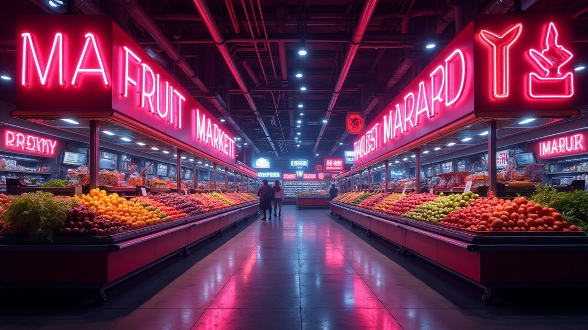 Futuristic market filled with fruits and neon lights.