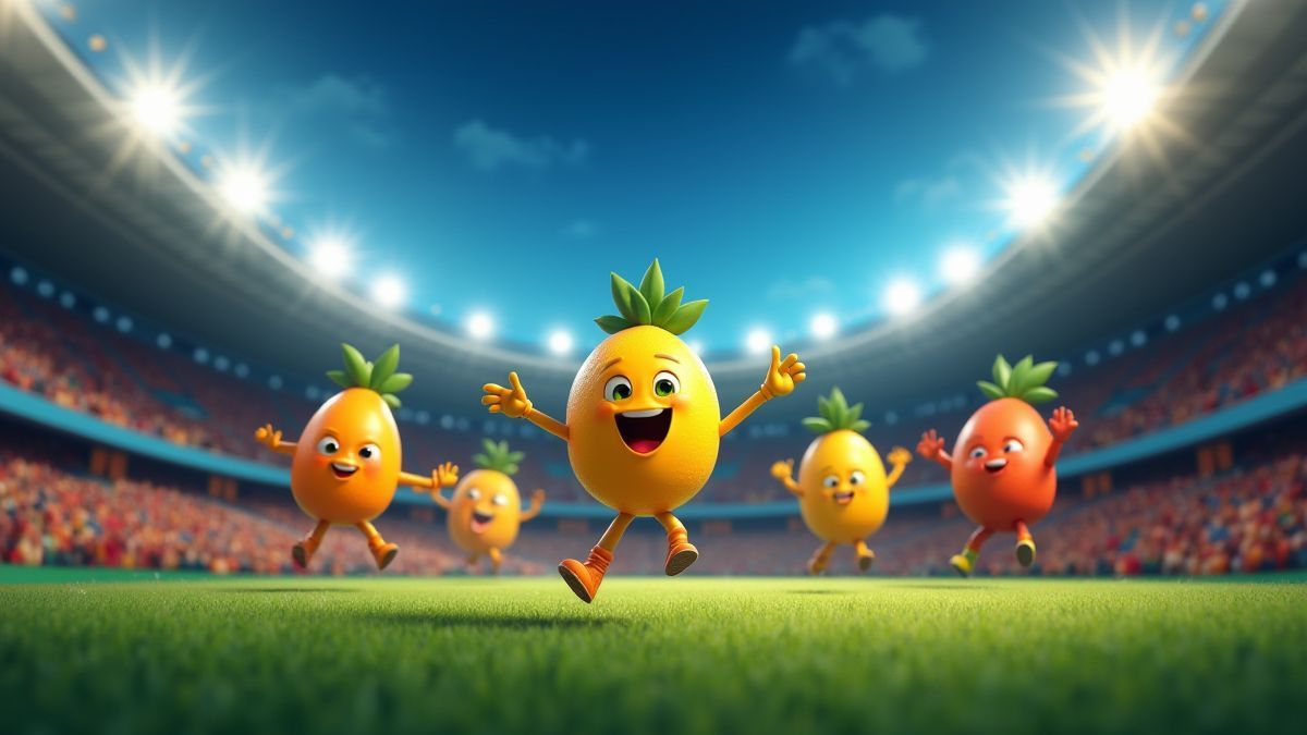 Estadio de rugby lleno de frutas animadas jugando.
