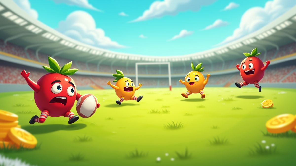 Frutas esquivando oponentes en un campo de rugby animado.