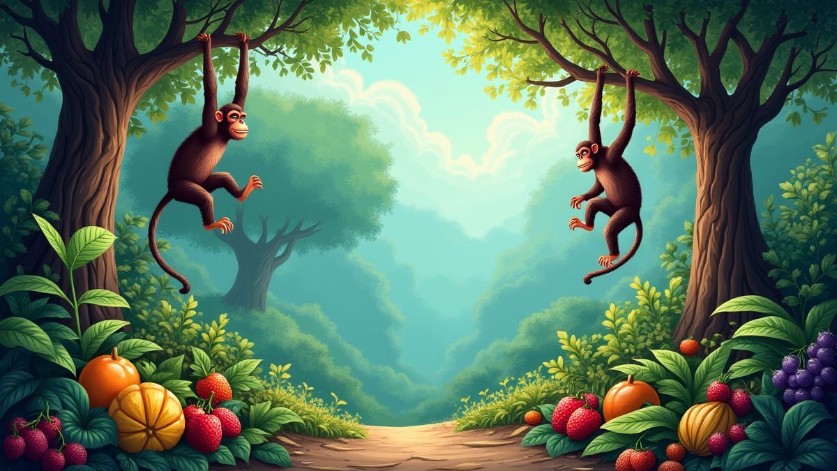 Bunte Dschungelumgebung mit Affen und lebhaften Früchten