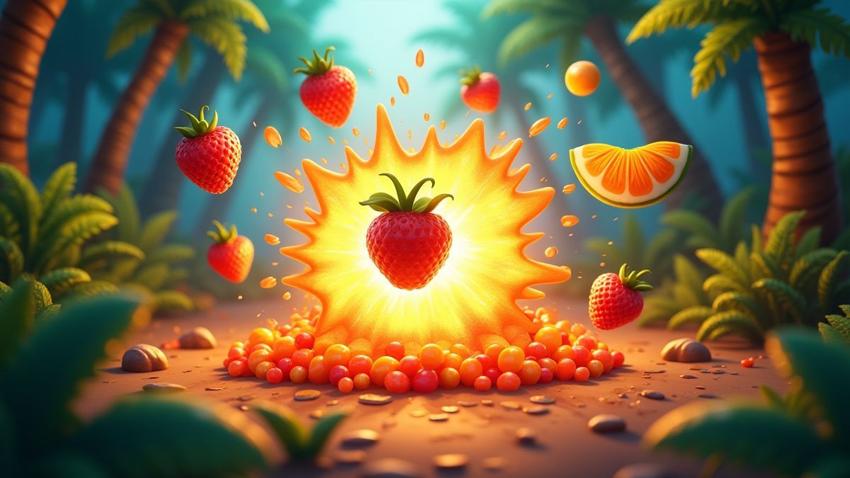 Explosive Früchte vor einem animierten Dschungelhintergrund