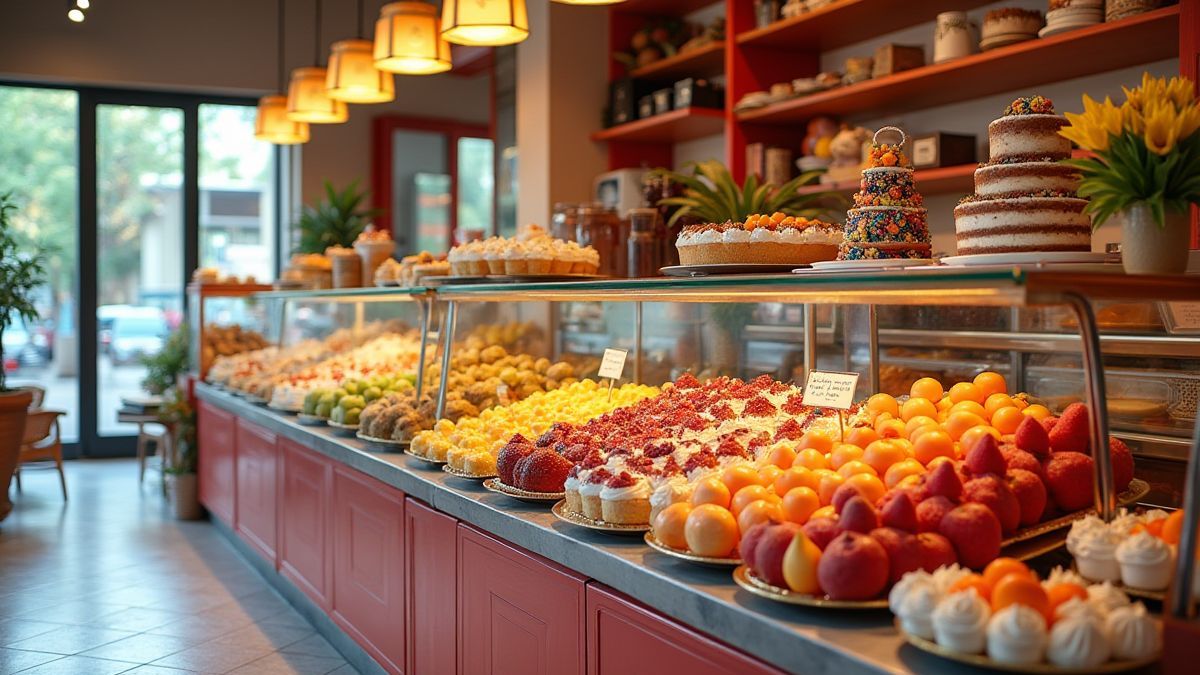 Una panadería llena de pasteles y frutas coloridas.