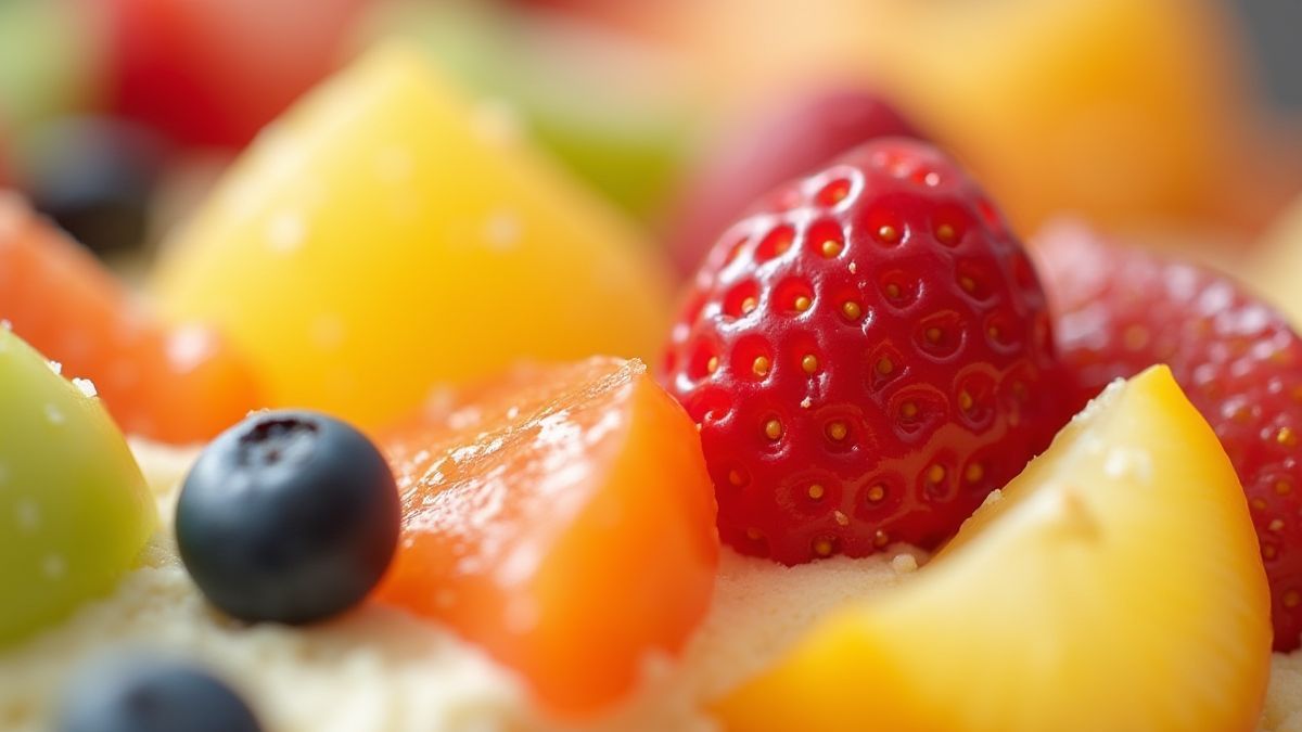 Frutas coloridas y decoraciones de pasteles en primer plano.