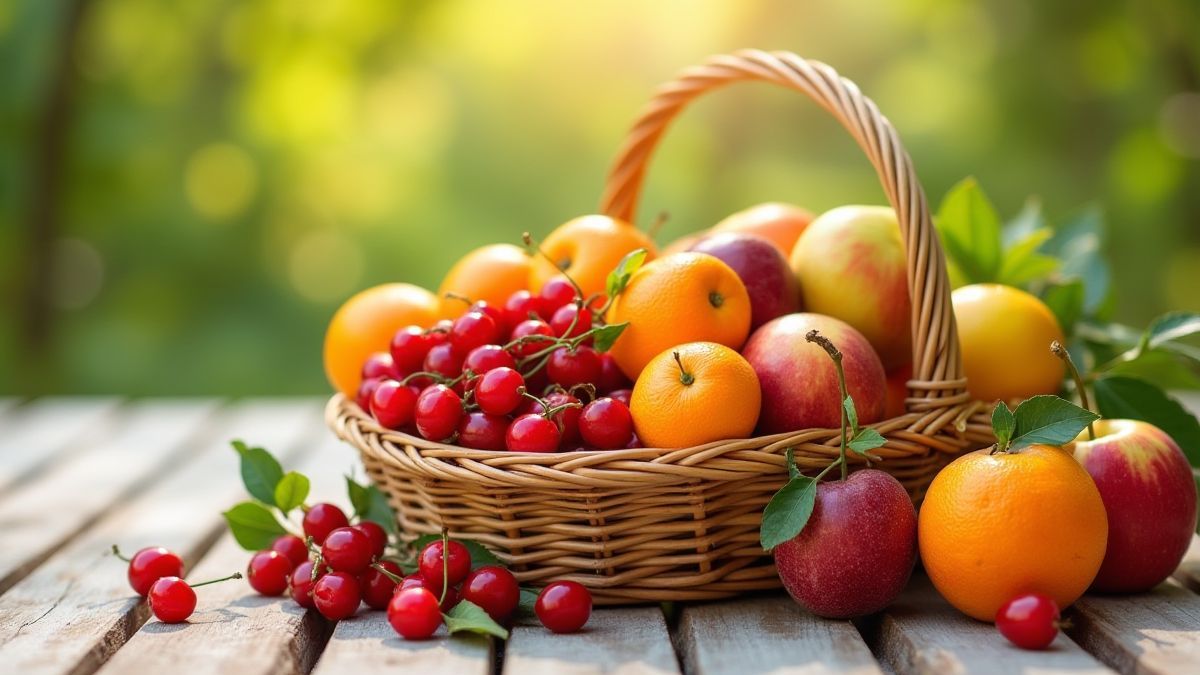 Fruitmand met kersen, sinaasappels en appels op een zonnige picknicktafel.