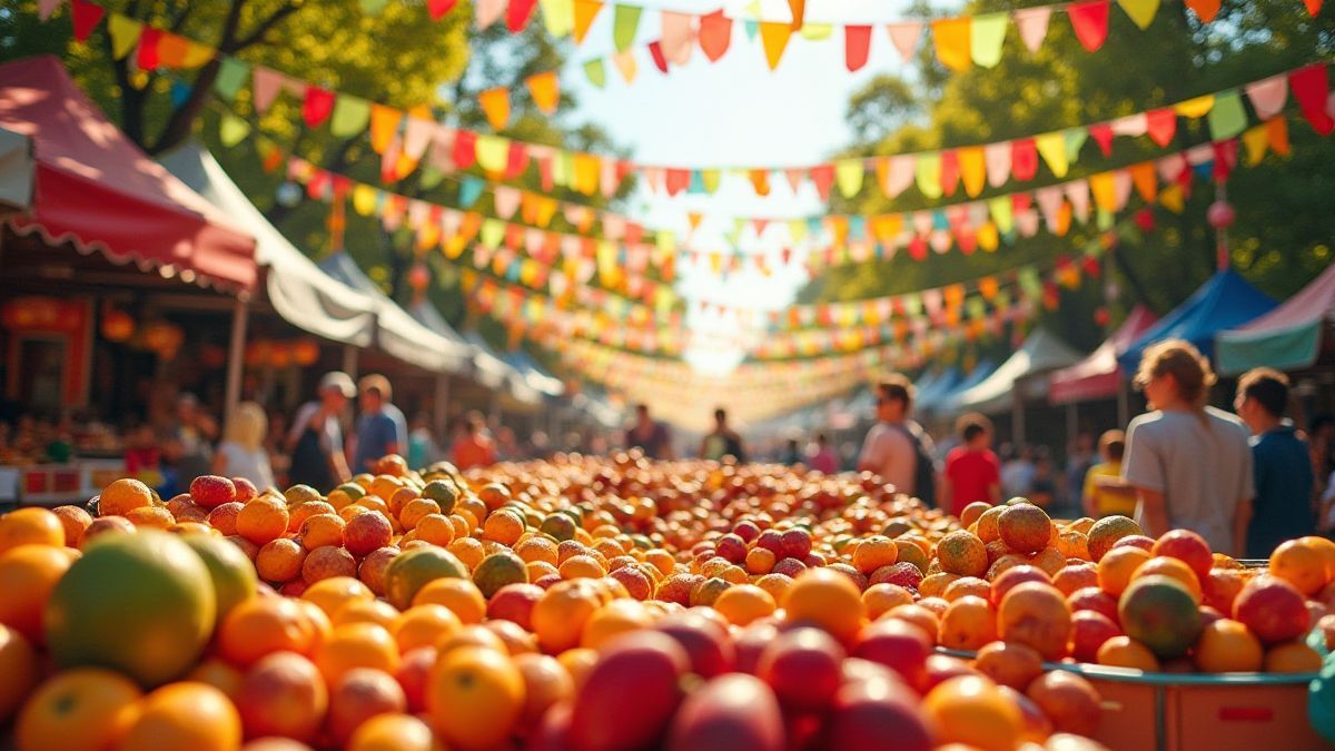 Fruitfestival met kleurrijke vlaggen en blije mensen.