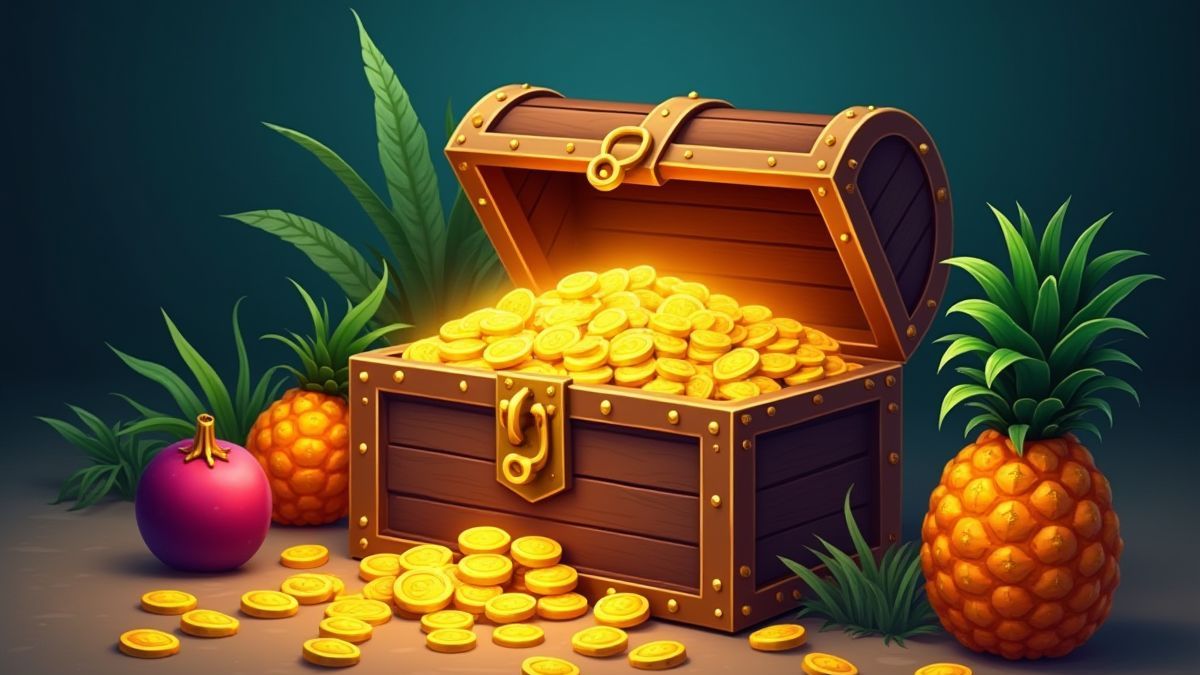 A treasure chest filled with gold coins surrounded by tropical fruits.