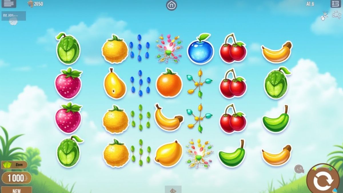Interface de jeu avec ciel bleu et fruits colorés.