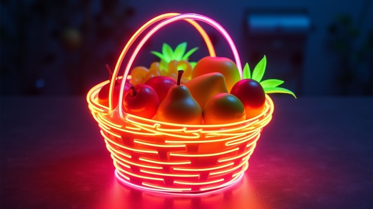 Cesta de frutas iluminada con luces de neón.