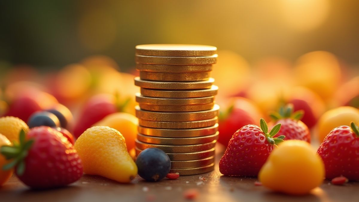 Montón de monedas brillantes con frutas alrededor.