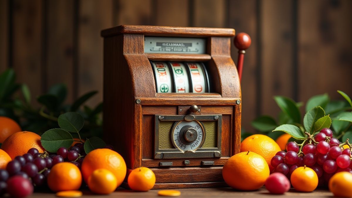 Máquina tragamonedas clásica rodeada de frutas coloridas.