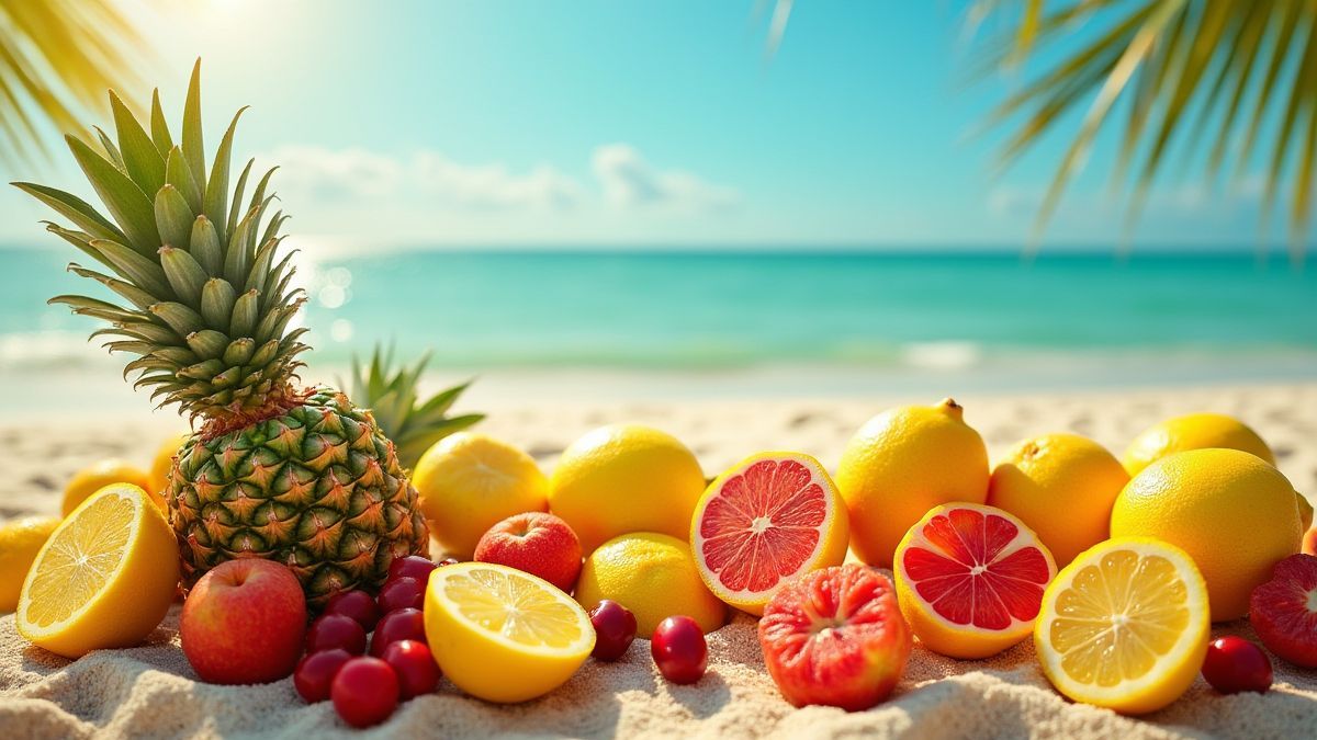 Frutas tropicales en un entorno soleado de playa.