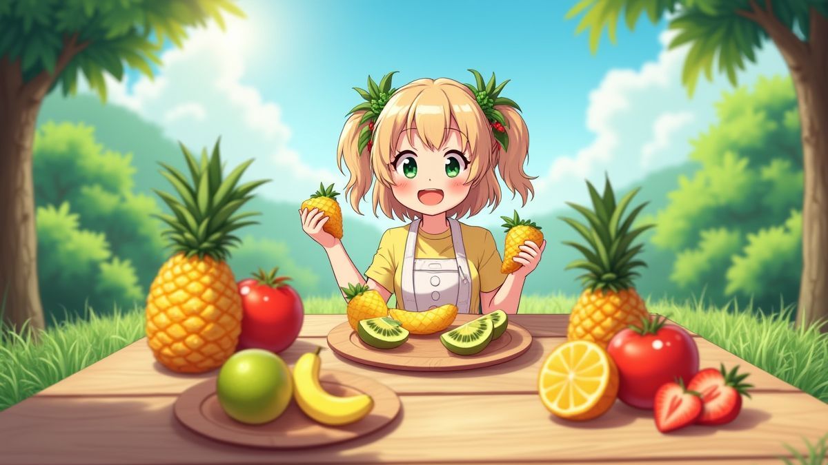 Personaje animado disfrutando de frutas tropicales en un picnic.