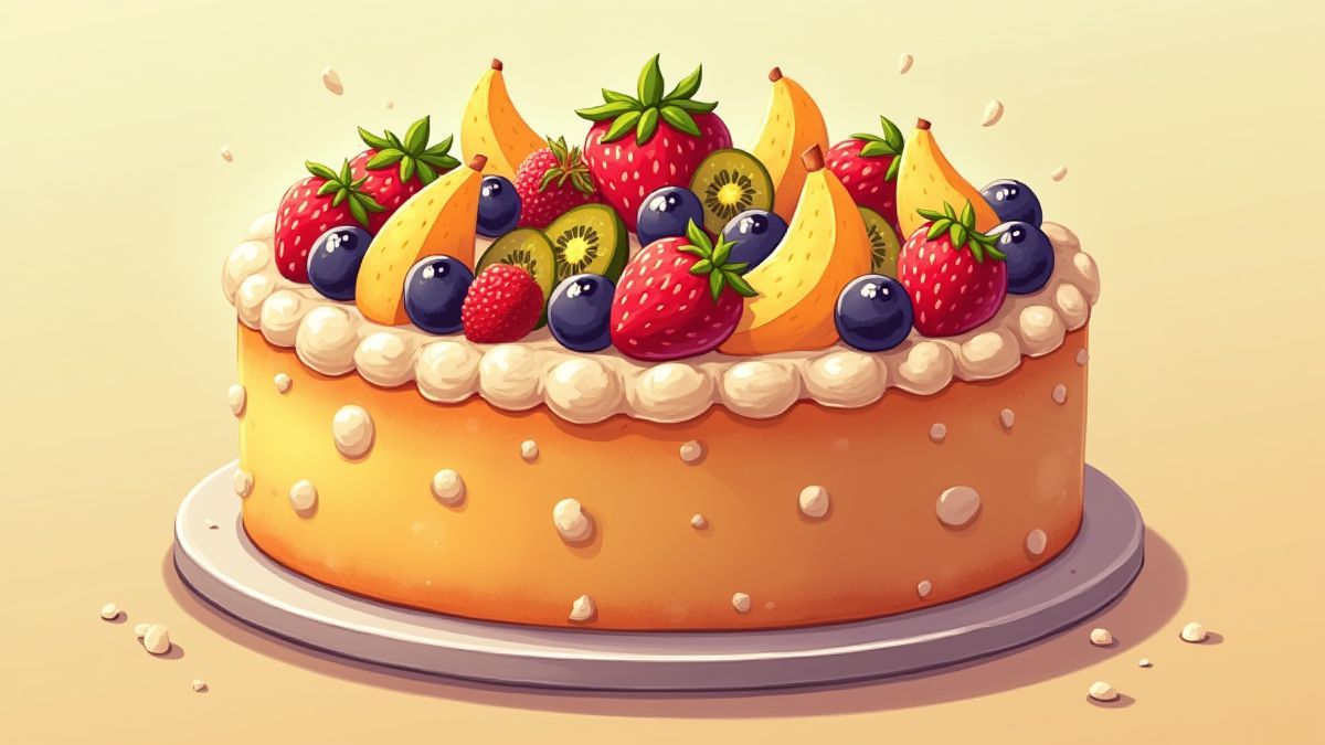 Ein animierter Obstkuchen mit lebhaften Farben und dekorativen Elementen.