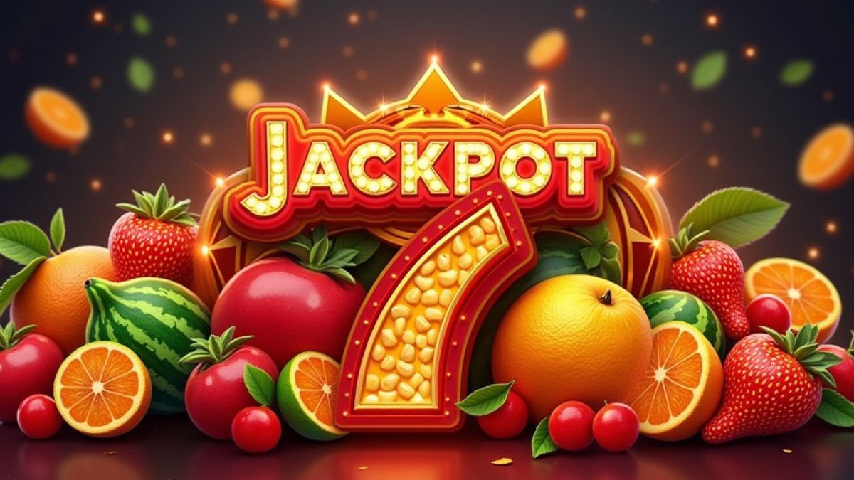 Frutas retro como cerezas y melones junto a un cartel de jackpot dorado.