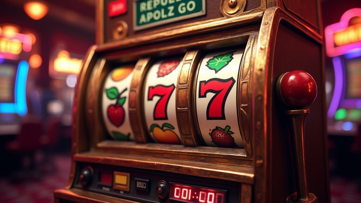 Màquina tragamonedas retro con símbolos de frutas en un casino clásico.