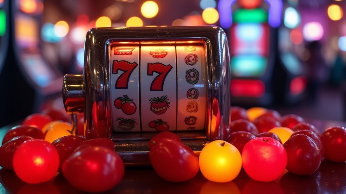 Retro slot machine surrounded by glowing fruits like cherries and melons in a casino setting.