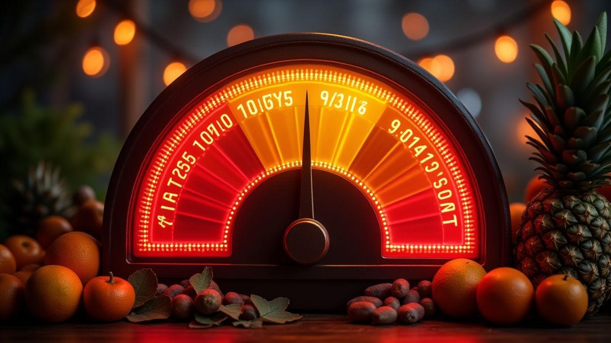 A jackpot meter glowing surrounded by fruits like pineapples and oranges.