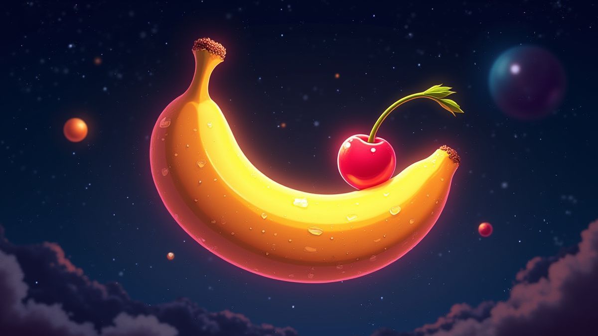 Banana e cereja brilhando no espaço.