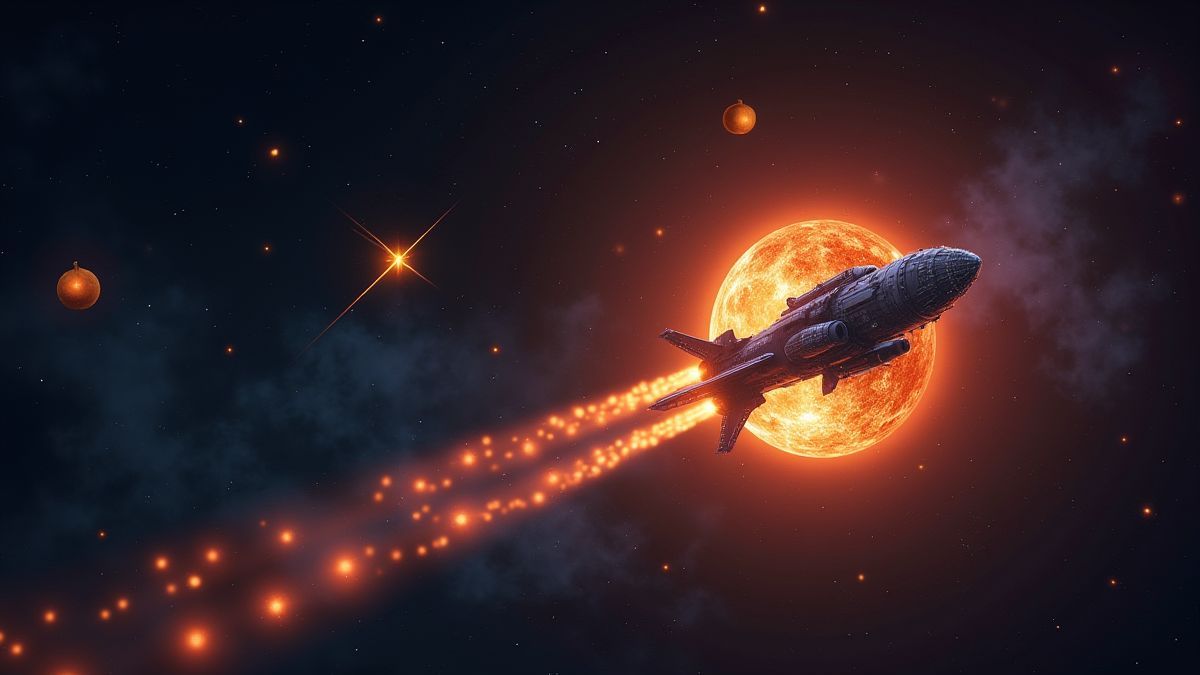 Nave espacial iluminando símbolos de frutas.