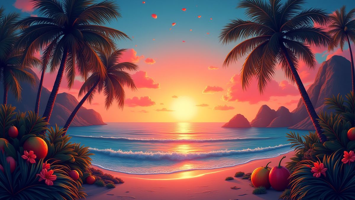 Paisaje tropical lleno de frutas y luces brillantes al atardecer.