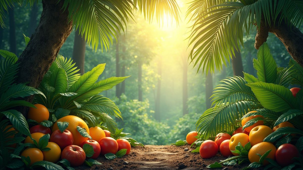 Paisaje de selva tropical con frutas coloridas dispersas por el suelo.