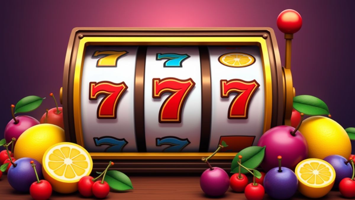 Retro gokkast omringd door kleurrijke vruchten zoals kersen en citroenen