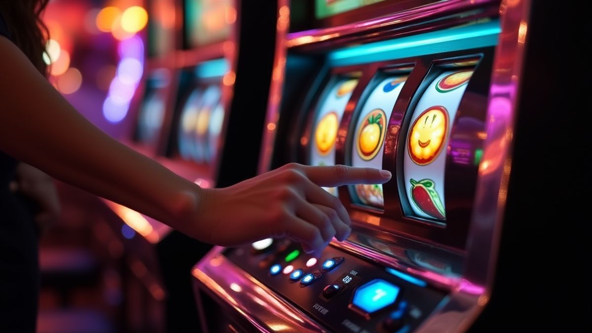 Speler draait een retro gokkast met oplichtende fruitsymbolen