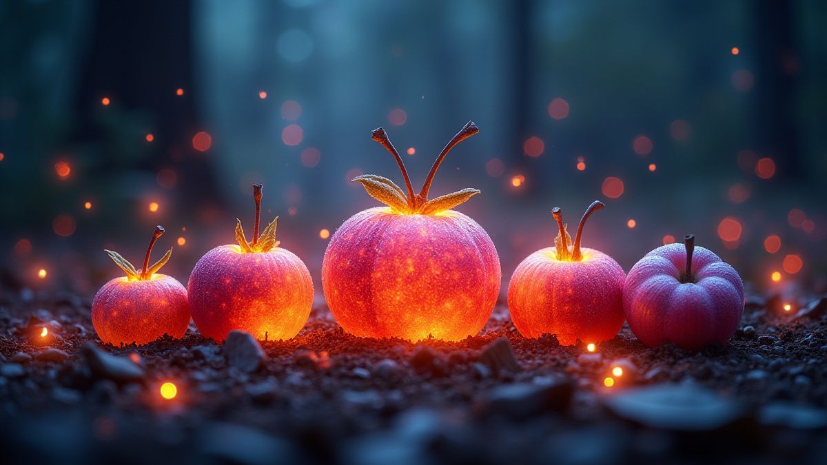 Frutas brillando con destellos mágicos en un bosque místico.