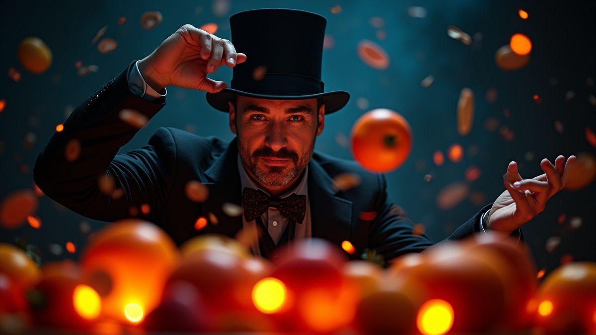 Un mago realizando trucos rodeado de frutas brillantes.