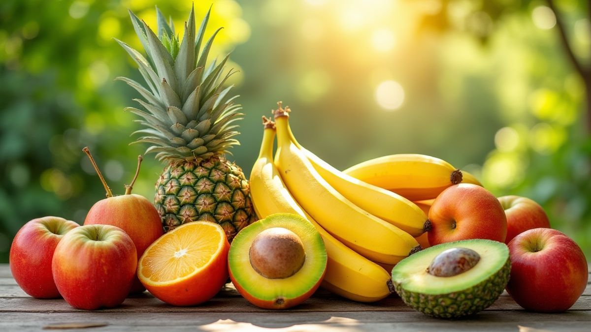 Vibrant tropical fruits on a wooden table under the sun.