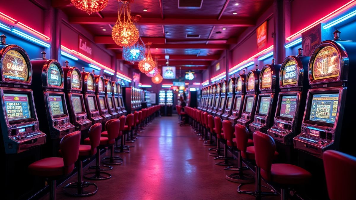 Interior de un casino retro con luces de neón y máquinas tragaperras clásicas.