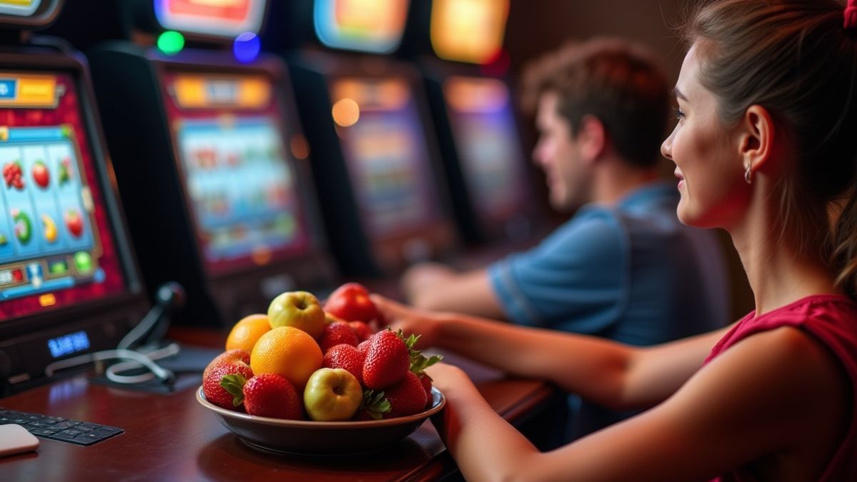 Jugador disfrutando de una máquina tragaperras con un bol de frutas frescas al lado.