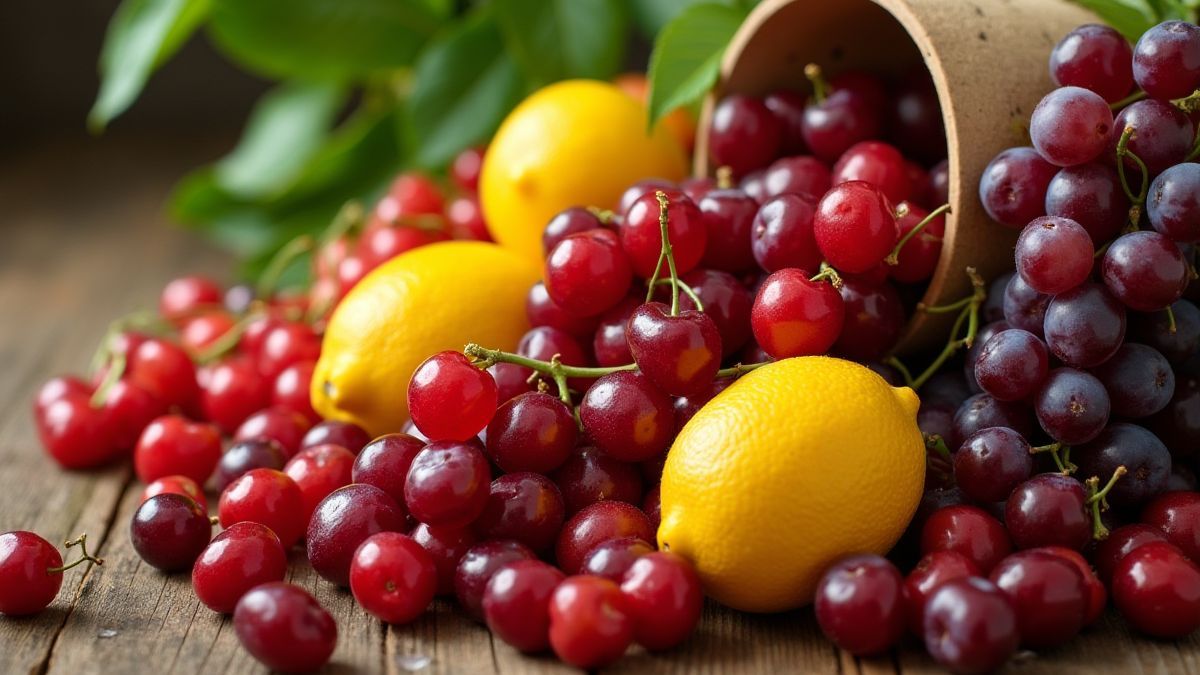 Frutas coloridas en una mesa de madera.