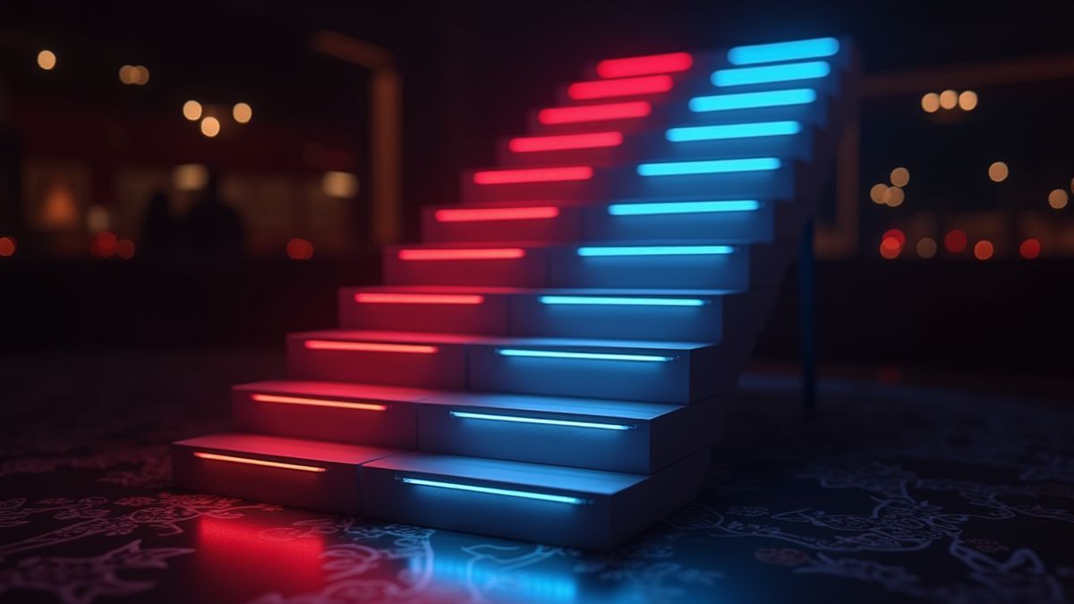 Escalera de riesgo iluminada en un entorno de casino oscuro.