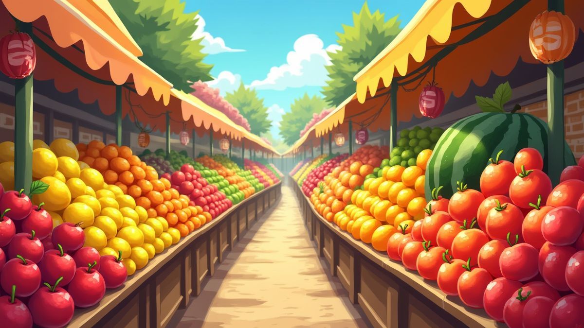 Colorful fruit market with animated design.
