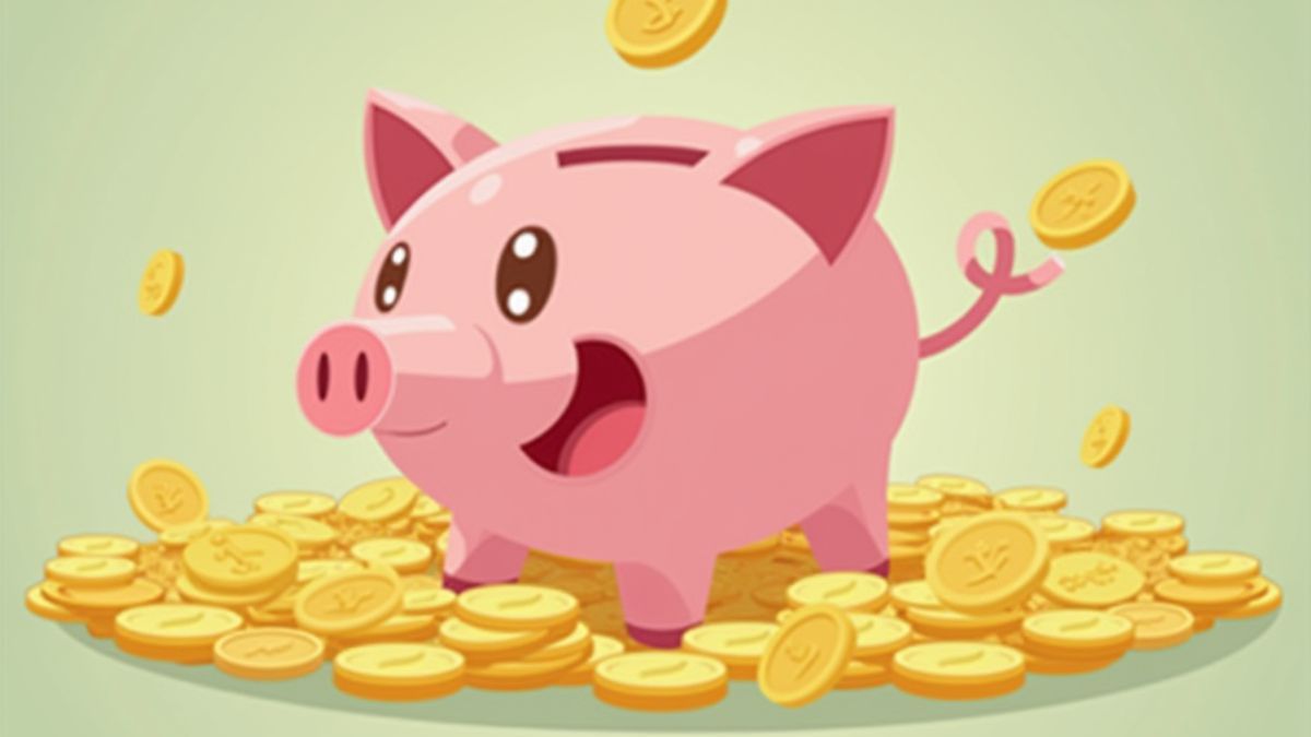 Animated piggy bank surrounded by coins in a fun design.