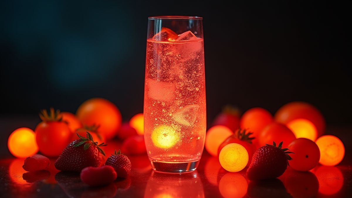 Glanzende cocktail omringd door levendige vruchten.