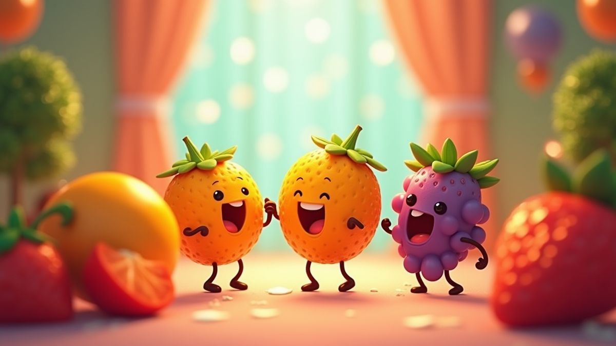 Frutas bailando en una fiesta animada.