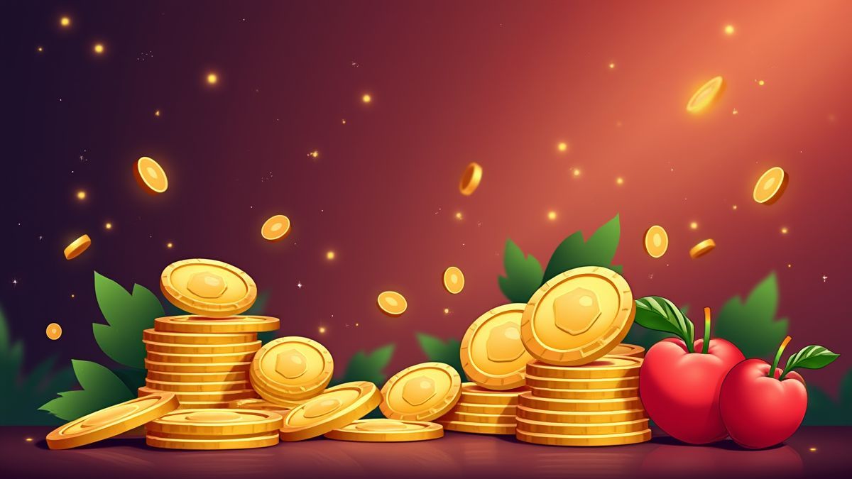 Monedas y símbolos de frutas en un escenario de casino.