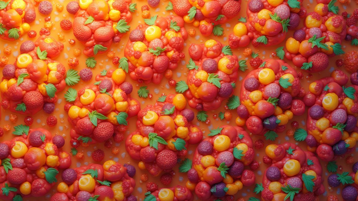 Símbolos de frutas formando clusters en una cuadrícula vibrante.