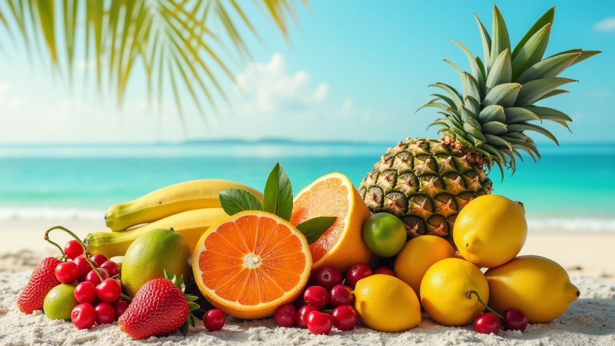 Fruits tropicaux disposés sur une table de plage.