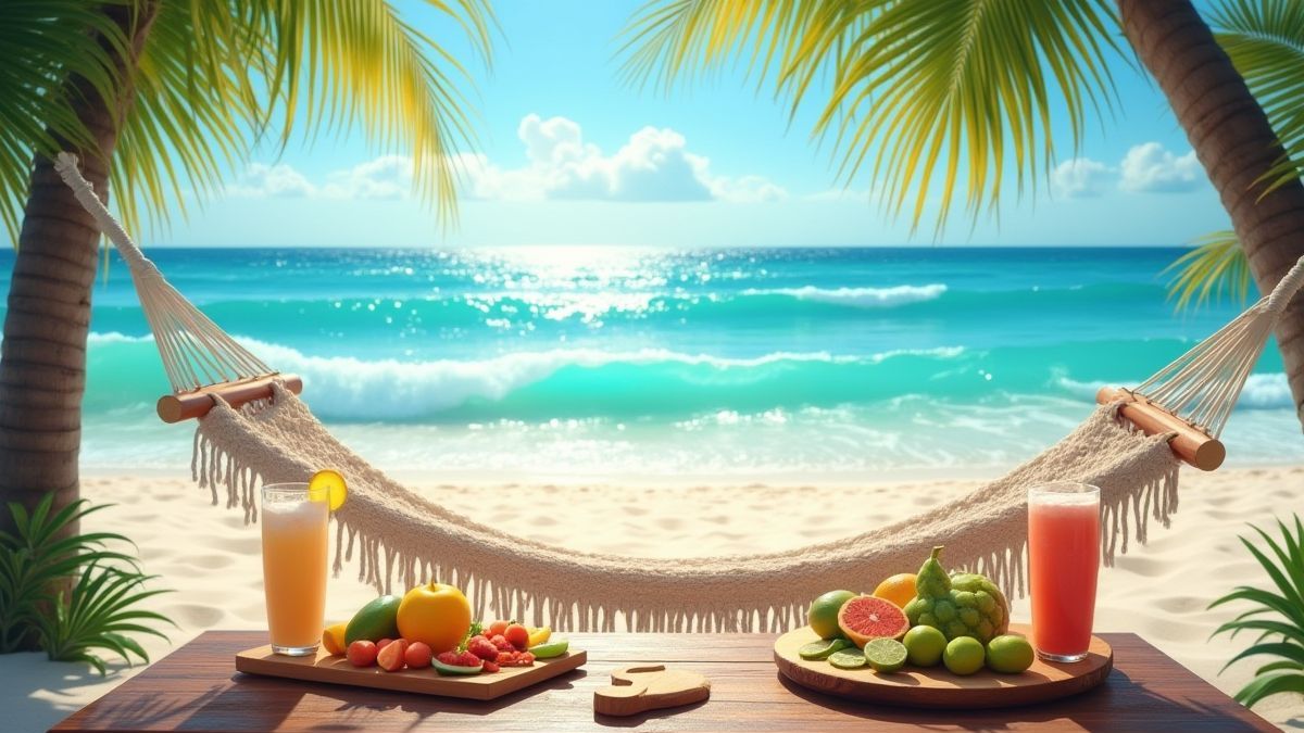 Scène de plage avec des vagues étincelantes, un hamac et une table avec des fruits tropicaux.