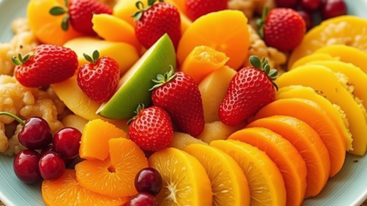 Tropical fruits arranged on a vibrant plate.