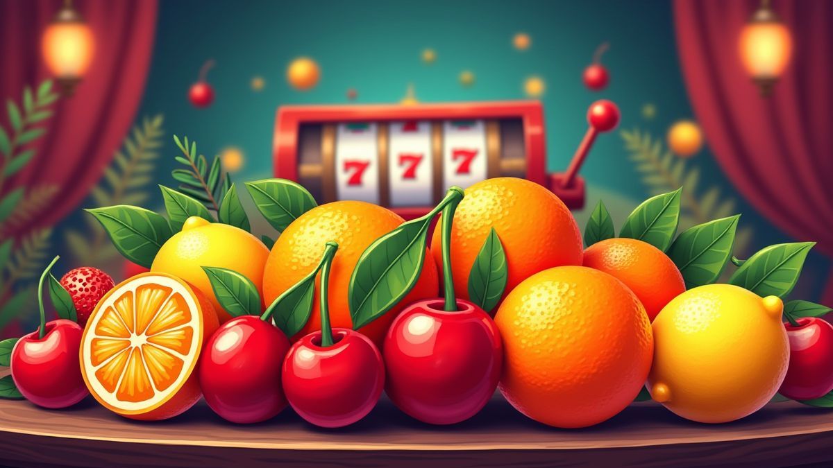 Eine Illustration von Früchten in einer Retro-Casino-Umgebung.