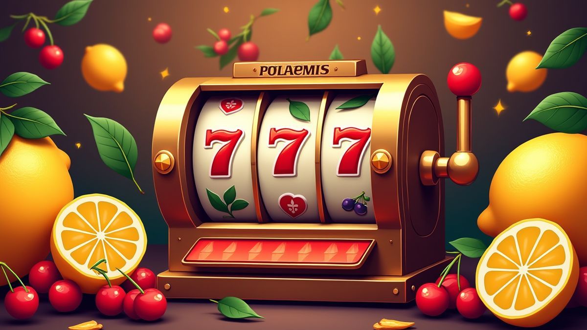 Klassische Slotmaschine umgeben von Früchten.