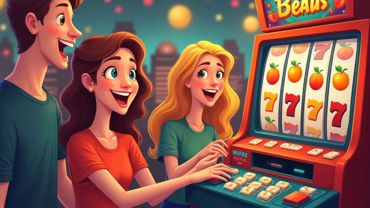 Glückliche Menschen, die eine thematische Slotmaschine mit Früchten genießen.