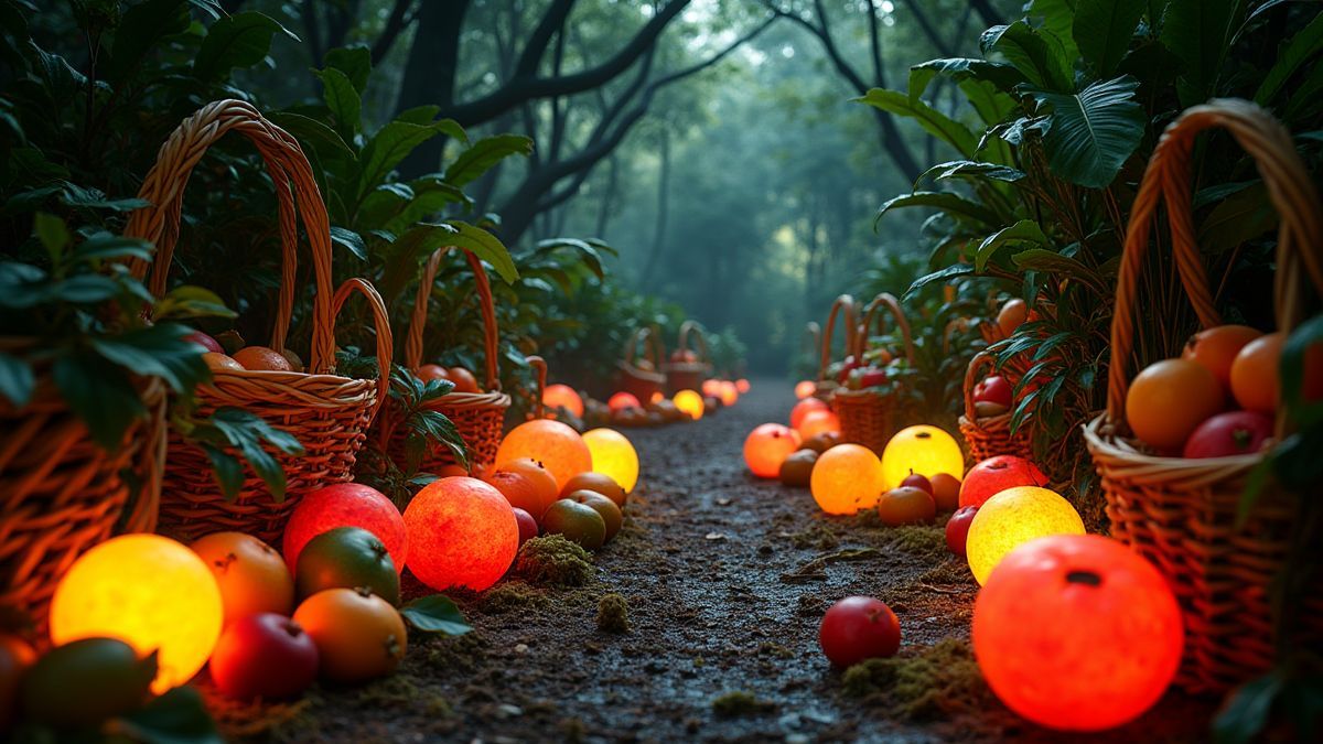 Una jungla colorida llena de frutas gigantes y cestas de madera.