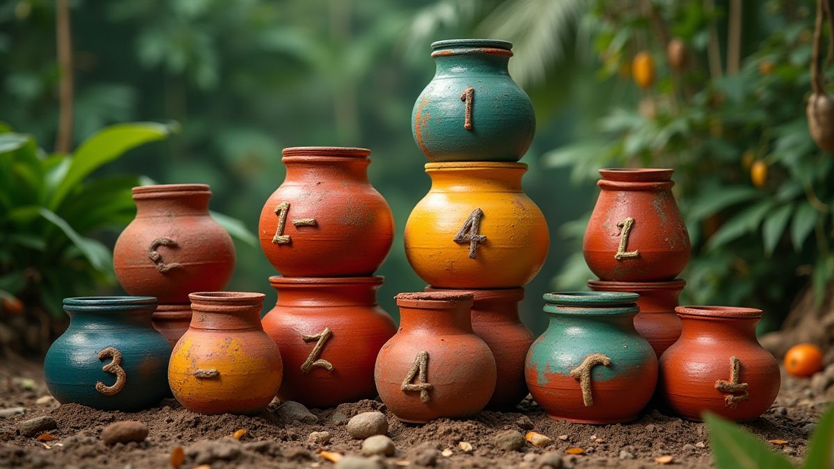 Macetas de arcilla coloridas apiladas en una jungla con valores de multiplicador.