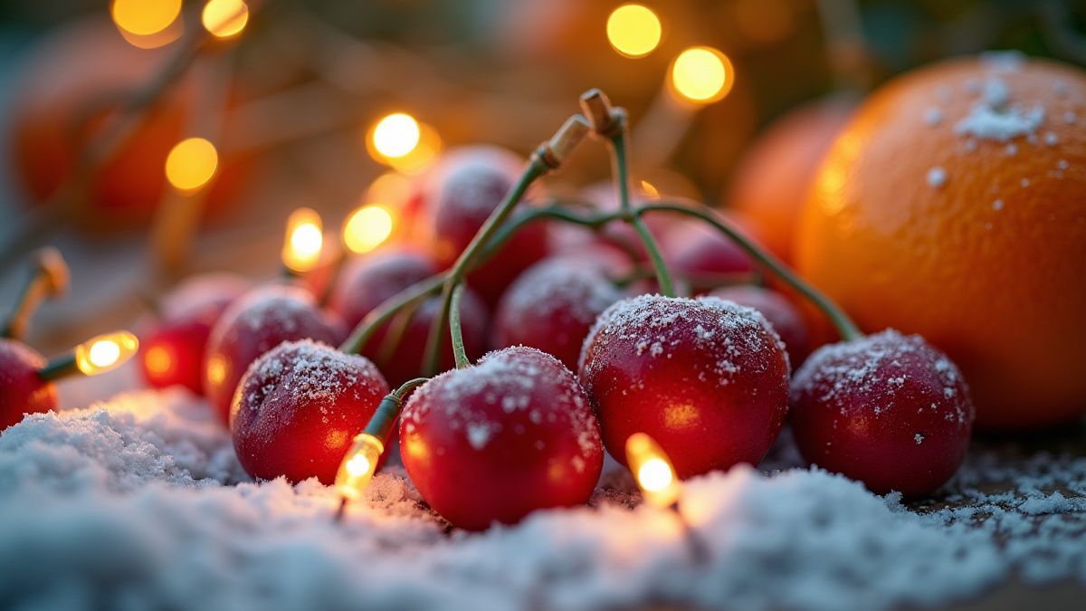 Vruchten bedekt met sneeuw omringd door kerstverlichting.